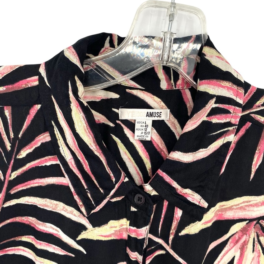 Amuse Society Black Hawaiian Floral Print Front Tie Button Up Shirt - Picture 4 of 8
